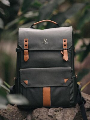 Premium Dark Canvas Backpack with Brown Leather Trim