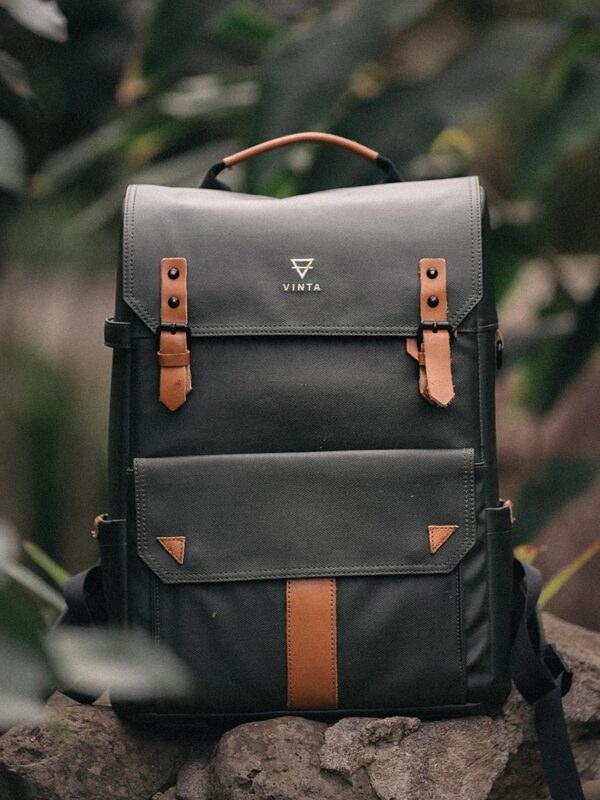 Premium Dark Canvas Backpack with Brown Leather Trim