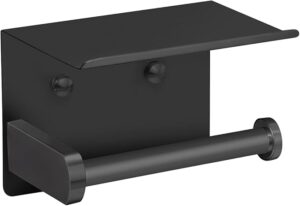 VAEHOLD Self Adhesive Toilet Paper Holder with Phone Shelf Stainless Steel Wall Mounted Toilet Paper Roll Holder - Rustproof and Bathroom Washroom Tissue Roll Holder with Shelf - Black