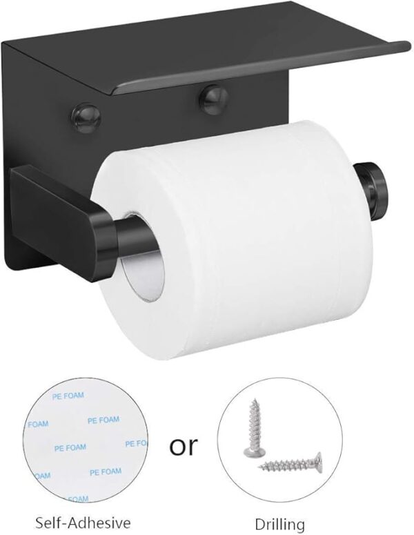 VAEHOLD Self Adhesive Toilet Paper Holder with Phone Shelf Stainless Steel Wall Mounted Toilet Paper Roll Holder - Rustproof and Bathroom Washroom Tissue Roll Holder with Shelf - Black