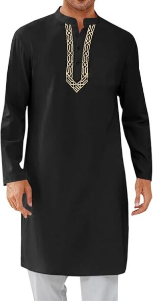 Mens Kaftan Thobe Button Down Casual Henley Shirts Long Sleeve Robe