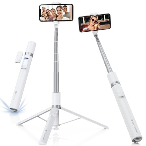K&F Concept Selfie Stick, Auto Open & Close Phone Tripod Stand, 360° Rotatable Selfie Stick with 9 Button Bluetooth Remote, Extendable Automatic Tripod for Cell Phone(White)