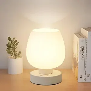 Cordless Portable Touch Bedside Table Lamp - Rechargeable Modern Small Table Lamp with White Glass Shade, Stepless Dimmable & 8 RGB Colors & Memory, Desk Lamp for Nursery Bedroom Nightstand, Gifts