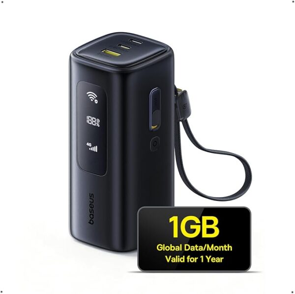 Baseus 4G LTE Mobile Hotspot & 20000mAh 67W Power Bank 2-in-1, Portable WiFi for Travel in 150+ Countries, No SIM Card, No Contract, 10 Devices, Worldwide Hotspot Router with 1GB/Month 1 Year