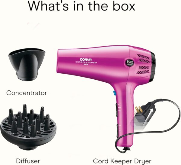 Conair Hair Dryer with Retractable Cord, 1875W Blow Dryer, 3 Heat Settings, 2 Speeds