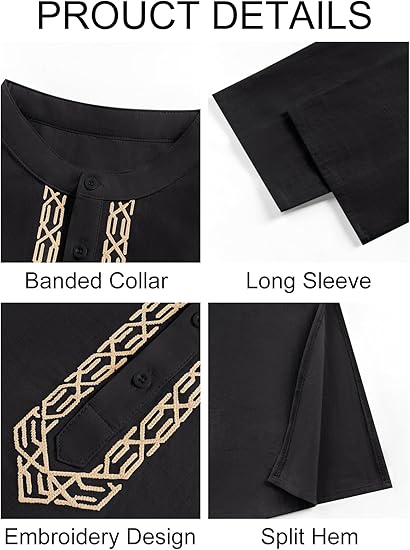 Mens Kaftan Thobe Button Down Casual Henley Shirts Long Sleeve Robe