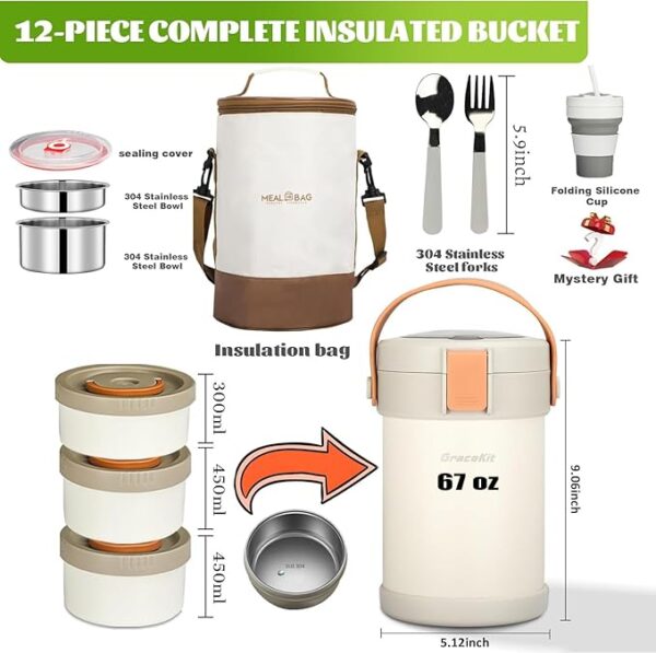 67 oz Adults Thermo for Hot Food 2L 9.06 in 3 Layer Stainless Steel Vacuum Soup Food Thermo Hot Food Jar Bento Box for Men, Women, Suitable insulated Lunch Box for 12+ Camping, Office & Travel Use