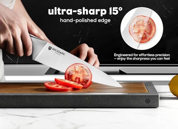 BRODARK Knife Block Set: Kitchen Knives Set with Block and Sharpener, 15 Pcs Ultra Sharp Chef knife, High Carbon Stainless Steel, Ergonomic Handle Non-Slip Grip, Silver Wolf Series for Christmas Gift