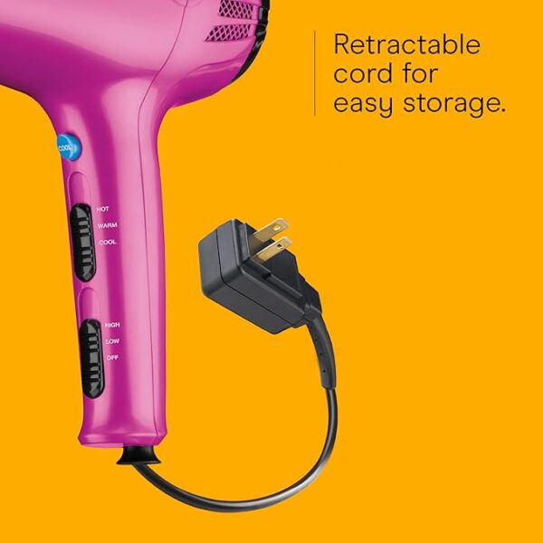 Conair Hair Dryer with Retractable Cord, 1875W Blow Dryer, 3 Heat Settings, 2 Speeds