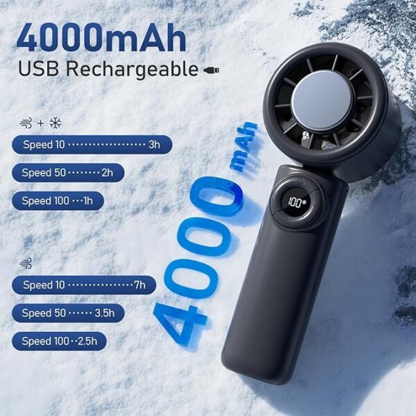 CIVPOWER Handheld Fan: Portable Small Ice Cooling Plate- 4000mAh Rechargeable 100 Gear High-Speed Turbo 10500 RPM - Personal Foldable Battery Operated for Travel Indoor Outdoor Women Men (Black)