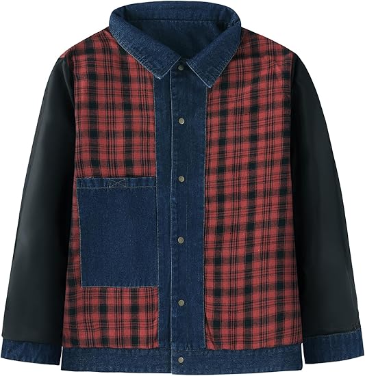 Men's Snap Jean Jacket Western Cowboy Plaid Flannel Lined Work Denim Trucker Jackets