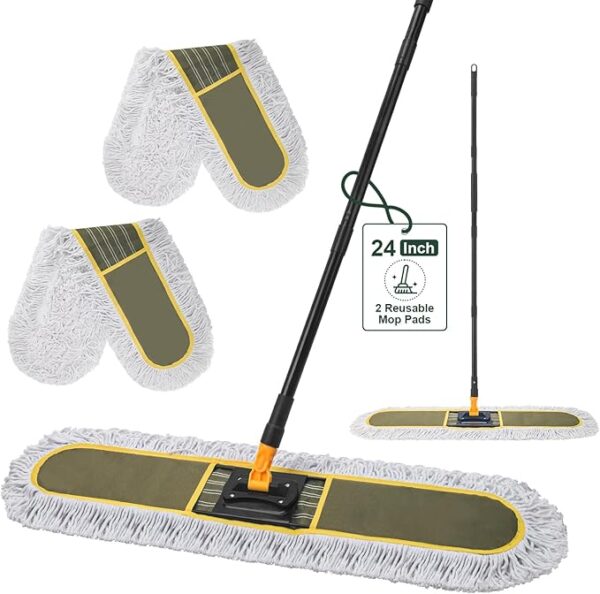 24" Commercial Dust Mops for Floor Cleaning with 2 Replacement Mop Pads, Heavy Duty Large Dust Mop for Hardwood Floors, Industrial Wet Dry Floor Duster for Office Garage Warehouse Factory Mall