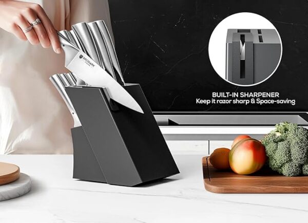 BRODARK Knife Block Set: Kitchen Knives Set with Block and Sharpener, 15 Pcs Ultra Sharp Chef knife, High Carbon Stainless Steel, Ergonomic Handle Non-Slip Grip, Silver Wolf Series for Christmas Gift