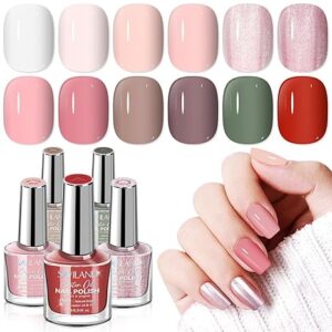 Nail Polish Set with Base Top Coat: Quick Dry 12 Classic Pink Nude Nail Polish Non Gel Regular