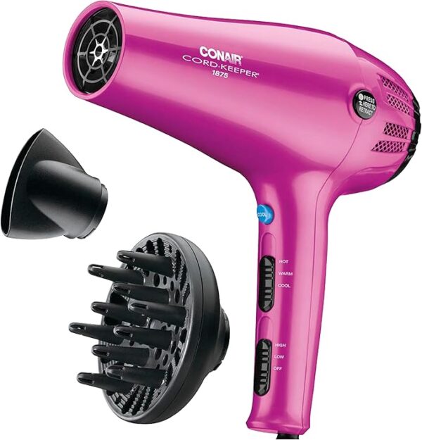 Conair Hair Dryer with Retractable Cord, 1875W Blow Dryer, 3 Heat Settings, 2 Speeds