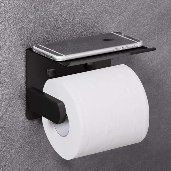VAEHOLD Self Adhesive Toilet Paper Holder with Phone Shelf Stainless Steel Wall Mounted Toilet Paper Roll Holder - Rustproof and Bathroom Washroom Tissue Roll Holder with Shelf - Black