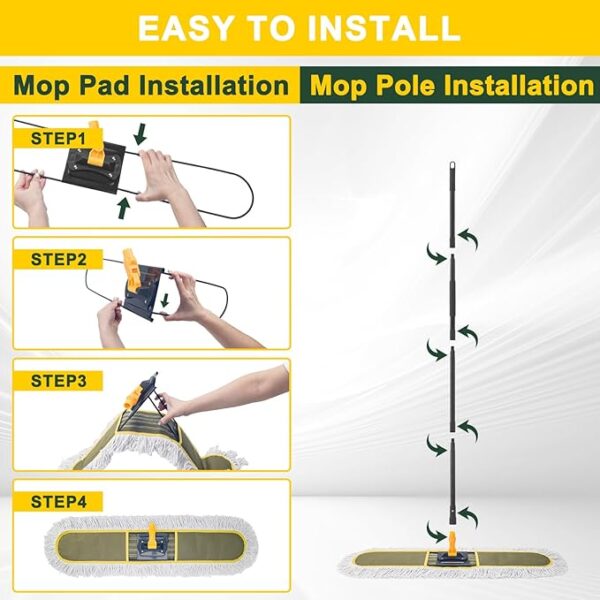 24" Commercial Dust Mops for Floor Cleaning with 2 Replacement Mop Pads, Heavy Duty Large Dust Mop for Hardwood Floors, Industrial Wet Dry Floor Duster for Office Garage Warehouse Factory Mall