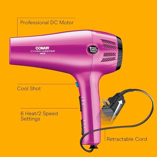 Conair Hair Dryer with Retractable Cord, 1875W Blow Dryer, 3 Heat Settings, 2 Speeds