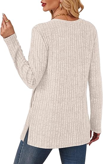 Womens Sweaters Crewneck Long Sleeve Shirts with Pockets Fall Outfits 2025 Fashion Winter Clothing Side Slit