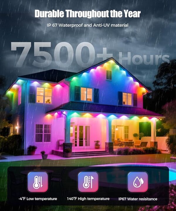 POOFZY Permanent Outdoor Lights for House,100ft RGB+IC Smart Outdoor Decor, 50 Scene Modes,App/Remote Control,IP67 Waterproof,for Christmas,Halloween,Daily & Holiday Party Decor,House Roof Lighting