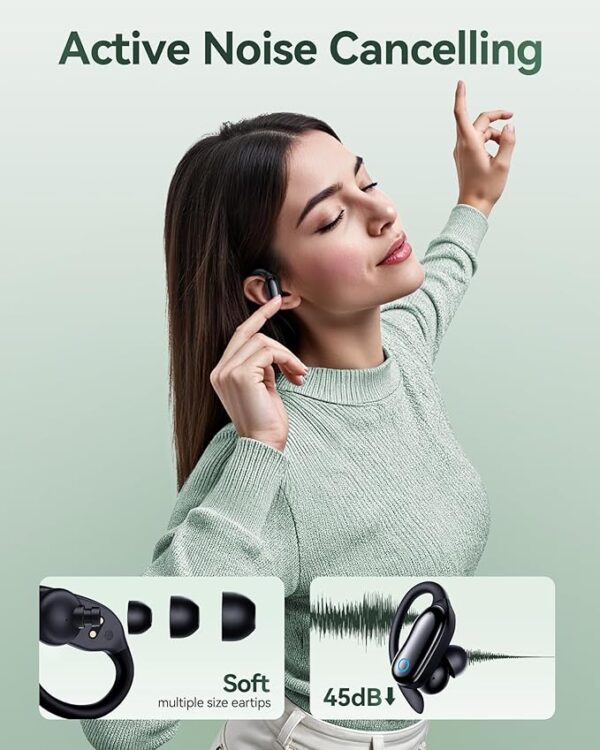 GNMN Active Noise Canceling Ear Buds Wireless Earbuds 96hrs Playback Bluetooth Headphones IPX7 Waterproof Stereo Bass Over-Ear Earphones with Earhooks Microphone LED Battery Display for Sports/Workout
