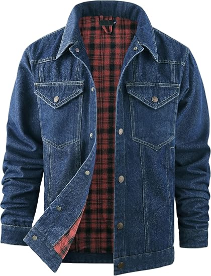 Men's Snap Jean Jacket Western Cowboy Plaid Flannel Lined Work Denim Trucker Jackets