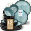 Stoneware dinnerware set 4 persons 12 pcs – Modern style plates and bowls set ceramic – Dishwasher safe and scratch resistant – Bowl and plate set – Dinner service Pure Living black & petrol blue